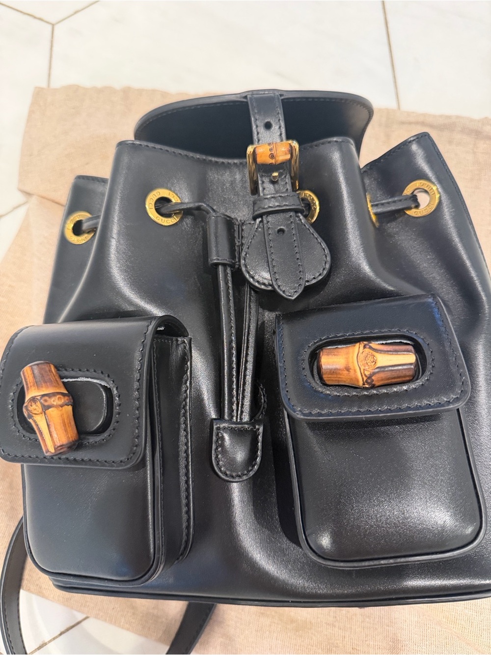 Gucci Black Leather Bamboo-Accent Drawstring Backpack